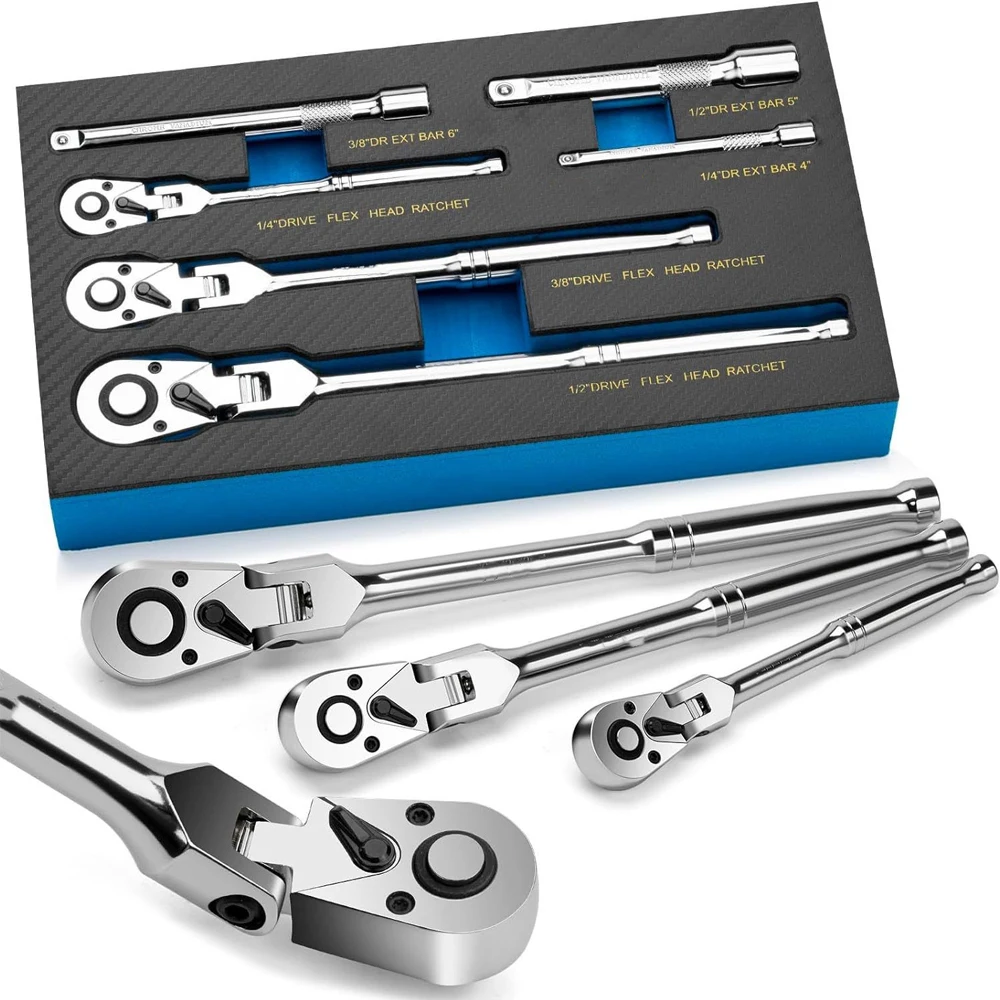 6-Piece 180° Flex Head Ratchet Wrench Set – 1/4", 3/8", 1/2" Drive Swivel Head with Extension Bar