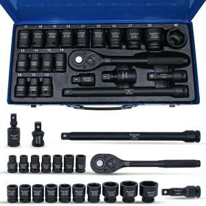 22-Piece 1/2-Inch Drive Impact Socket Set – 6 Point Metric Quick Release Ratchet Wrench Repair Kit