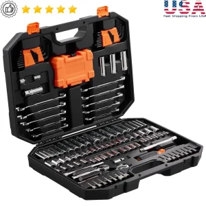 145-Piece Socket & Ratchet Wrench Mechanics Tool Set – CR-V Chrome Vanadium Deep and Regular Sockets